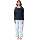 Fruit of the Loom Women's Sueded Jersey Crew Top and Fleece Pant Sleep Set, Navy/Snow Plaid, Large