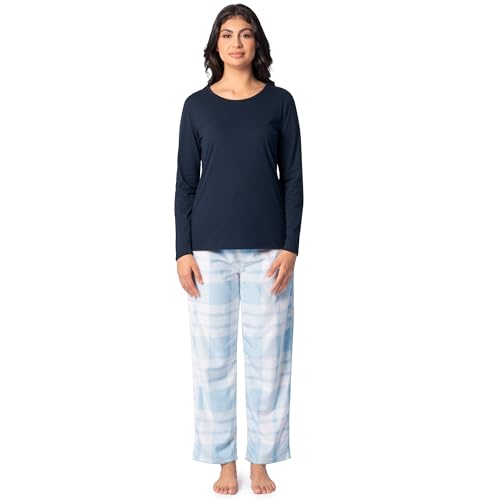 Fruit of the Loom Women's Sueded Jersey Crew Top and Fleece Pant Sleep Set, Navy/Snow Plaid, Large