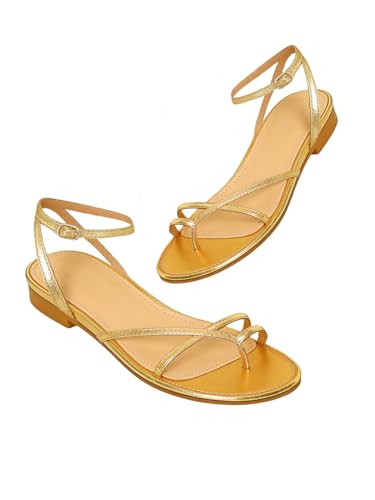 GORGLITTER Women's Toe Ring Strappy Sandals Metallic Open Toe Ankle Strap Summer Dress Sandal Gold 7.5