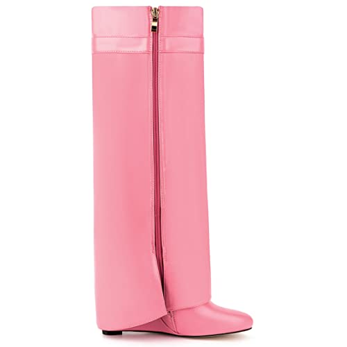 Image of Fold Over Knee High Boots for Women Pointy Pull-on Wedge Heel Knee Shark Boot With Side Zipper Covered Wedge Heel Padlock Boot
