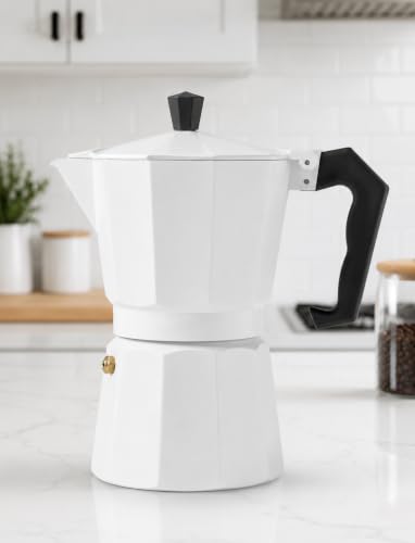 Image of 6 Cup Stovetop Espresso Maker Classic Italian Moka Pot Coffee Maker Premium Food Grade Aluminum Espresso Percolator for Gas & Electric Stovetops Heat Resistant Handle (White-1pcs)