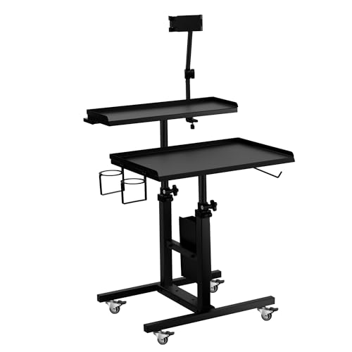 POARMEEY Premium Tattoo Salon Tray Adjustable Double Tier Tattoo Workstation with Wheels for Tattoo Studio, Beauty Salon