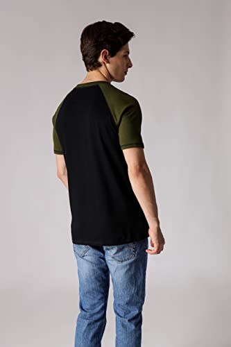 Image of Men's Round Neck Combed Cotton Black Olive 3D Print Raglan Half Sleeve T-Shirts for Men (STM-009)