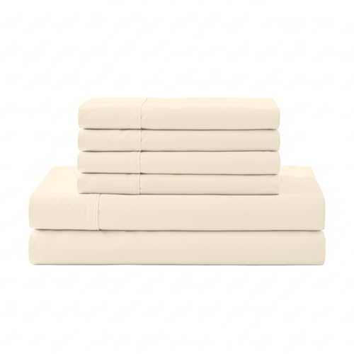 Image of Linen Home 6 Piece California King Sheet Set, 100% Cotton Percale, 4 Pillowcases, Deep Pocket with All Around Elastic Sheet, Crisp Breathable Bedding, Hotel Luxury, Long-Staple Combed Cotton, Ivory