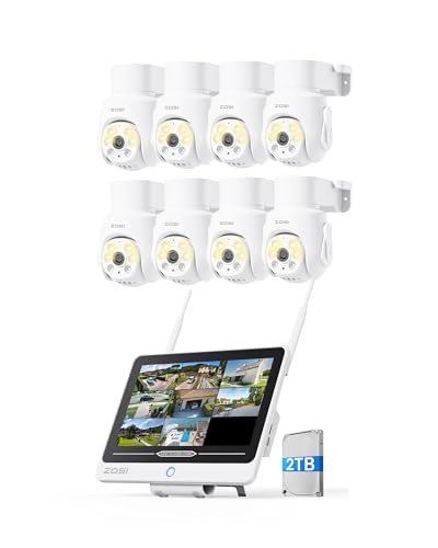 ZOSI 5MP Kit Caméra de Surveillance WiFi avec NVR 8CH 2TB Moniteur 12inches, Pan & Tilt Vue à...