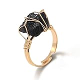 Black Obsidian Ring for Women 14k Gold Plated Adjustable Raw Black Obsidian Ring Irregular Wire Wrapped Natural Stone Ring Black Onyx Rings Gemstone Ring Black Stone Rings for Women