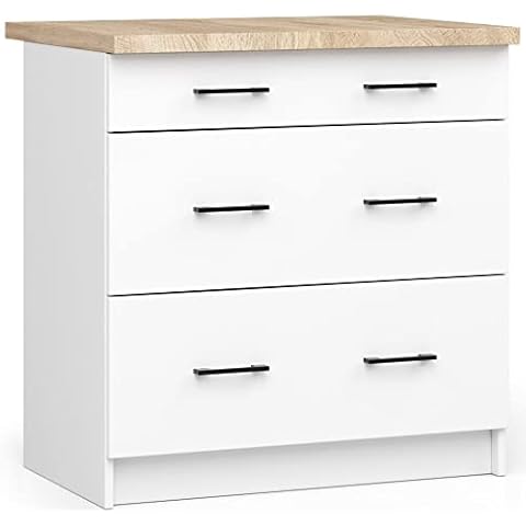 3E 3xE living.com Küchenmöbel EDERSEN, Unterschrank mit 3 Schubladen mit Küchenarbeitsplatte in weiß & Sonoma (B:80cm H:85cm T:46cm) mehr Teile zum Auswahl Cover