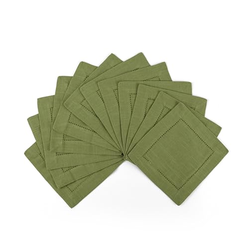 Image of Fingercraft Cotton Cocktail Napkins 6x6 Inches - Set of 12 Reusable Cloth Beverage Coasters with Elegant Ladder Hemstitch - Perfect for Parties, Bars & Home Use (Olive Slub)