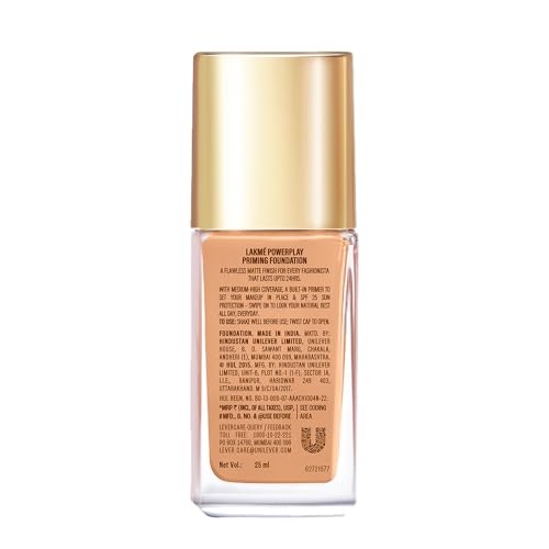 Lakme Powerplay Priming Foundation, Natural, Flawless Finish, Medium To Full Coverage, Built in Primer, Long Lasting, SPF 20, Warm Natural, 25ml