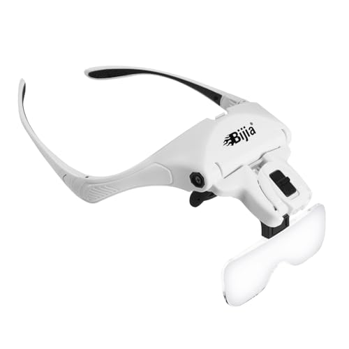BIJIA Lupenbrille mit 2 LED Licht Hände Frei Kopfband Lupen Standlupe für Hobby Lesen Elektriker Juweliere Nähen Reparatur und ältere Menschen 5 Wechselobjektive(1.0X bis 3.5X)