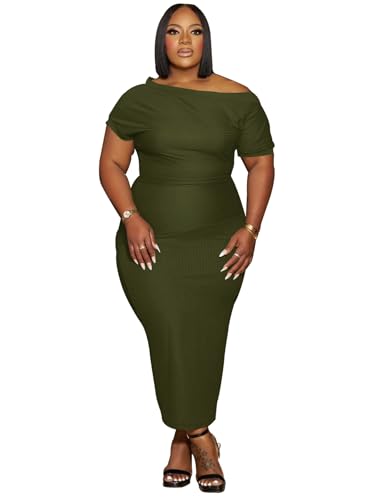 YeGine Women Plus Size Bodycon Long Dress Off Shoulder Sexy Slim Elegant Dresses Green 4XL