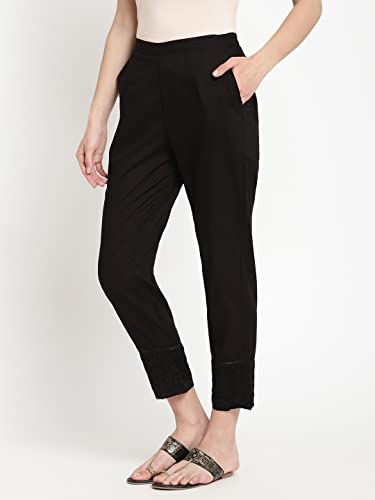 Image of Women's White Cotton Straight Fit Trouser | Ankle Length Casual Pants for Women | Mid Rise Comfortable Stretchable Bottom Wear with Pocket
