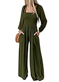 Happy Sailed Casual Jumpsuits for Women Long Sleeve Sqaure Neck Smocked Womens Overalls Jumpers Wide Leg Long Pant Rompers Jumpsuit One Piece Outfits with Pockets Army Green Medium