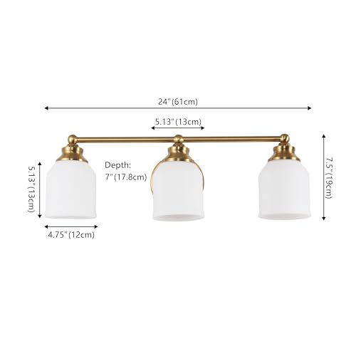 Image of JONATHAN Y 24 inch Brass Gold /White Modern Farmhouse LED Vanity Light Wall Sconce Fixture, Frosted White Glass Shade, Dimmable Wall Lamp for Bathroom Mirror Kitchen Sink, UL Listed (JYL7551B)