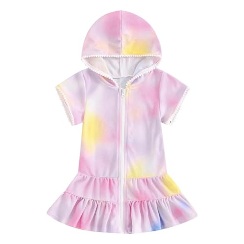 Toddler Swim Cover Up Girls Kids Summer Swimsuit Coverups Beach Pool Short Sleeve Zipper Hooded Flowy Ruffle Dresses2