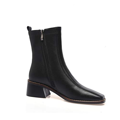 TinaCus Women's Genuine Leather Square Toe Side Zip Up Handmade Low Chunky Heel Chic Mid-Calf Boots2