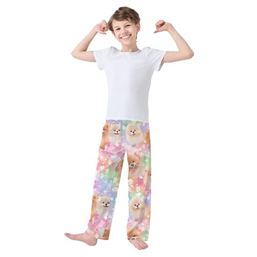 Spring Floral Pomeranian Boys Long Pants Soft Trousers Elastic Waist Kids Lounge Bottoms with Pockets S-XL3