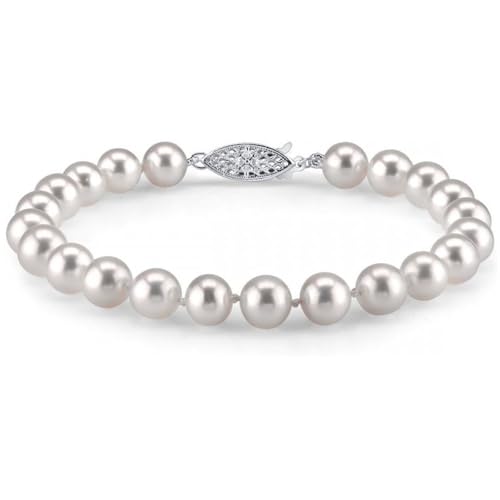 The Pearl Source White Freshwater Pearl Bracelet for Women - Cultured Pearl Bracelet with 14k Gold Plated Clasp with Genuine Cultured Pearls, 7.0-7.5mm Pearl Gifts for Anniversary