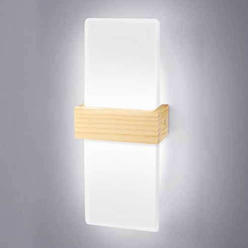 JaneYi Lámpara de Pared Interior LED 12W Blanco Frío 6500K Aplique Pared Luz Arriba y Abajo Moderna en Acrílico con Carcasa de Madera Iluminación Indirecta para Pasillo Escalera Salón Dormitorio