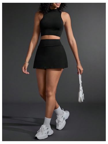 OYOANGLE Women's 2 Piece Tennis Skirt Sets Solid Crop Top Mini Pleated Golf Skorts Skirts Athletic Pickleball Outfit4