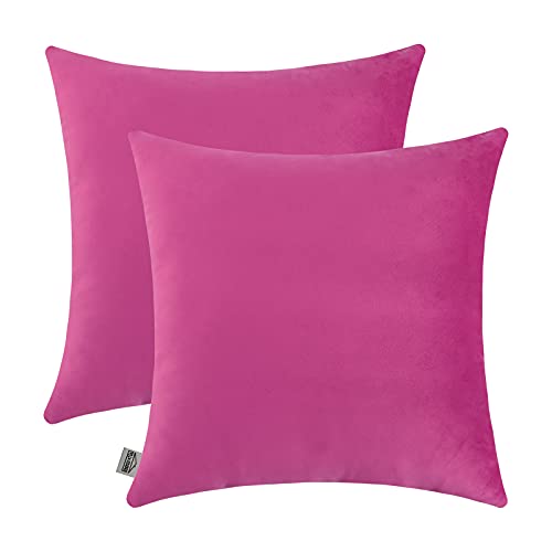mixeoo Comfy Hot Pink Throw Pillow Covers Decorative Square Solid Thick Velvet Super Soft Cushion Cases Home Decor for Sofa Couch Living Room Chair, Set of 2, 14 x 14 Inch
