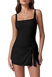 QINSEN Womens Swim Dress Tummy Control One Piece Swimsuit Square Neck Wrap Bathing Suit Black M