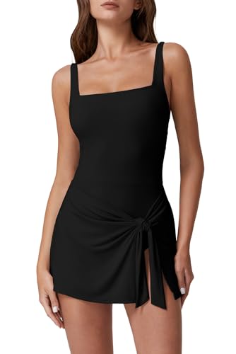 QINSEN Womens Swim Dress Tummy Control One Piece Swimsuit Square Neck Wrap Bathing Suit Black S
