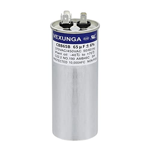 VEXUNGA Kondensator 65uF 65 MFD 370VAC 440VAC 450VAC 50/60Hz Runder AC Kondensatoren CBB65 für Klimaanlage Kompressor Motor Luft Wärmepumpe oder Lüftermotoren