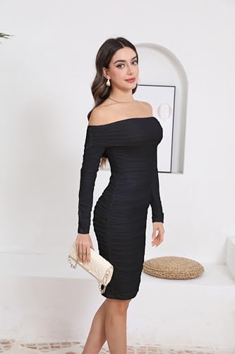 Image of Fooullaide Women's Sexy Off Shoulder Sleeveless Bodycon Ruched Midi Dress | Stretchy, Breathable, Mesh, Not See-Through, Elegant,Formal Gown, Cocktail, Evening, Party, Night Out Tube Dresses