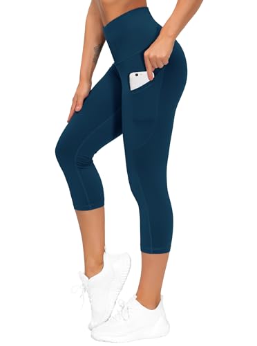 Image of THE GYM PEOPLE Thick High Waist Capris Yoga Pants with Pockets, Tummy Control Workout Running Yoga Leggings for Women