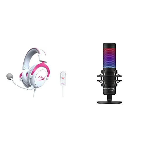 HyperX Cloud II - Gaming Headset, 7.1 Virtual Surround Sound – White/Pink & QuadCast S – RGB USB Condenser Microphone for PC, PS4, PS5 and Mac, Anti-Vibration Shock Mount, 4 Polar Patterns