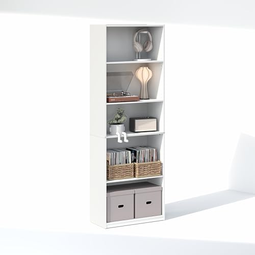 Image of Furinno GEHRY DVD Shelf, 5-Tier CD Rack, Media Shelf with Adjustable Shelves, DVD Storage Cabinets for CD Bluray Game Disc, Easy Assembly, for Living Room, Home Office, White