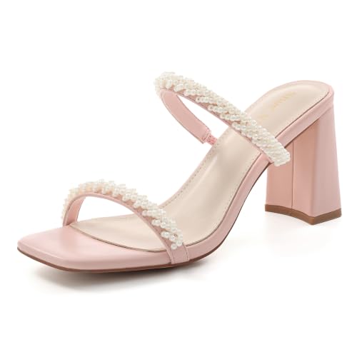 Image of Shoe'N Tale Pearl Strappy Heels for Women Two Band Chunky Block Heeled Sandals Square Open Toe Backless Mules Slip On Pumps Dressy Shoes