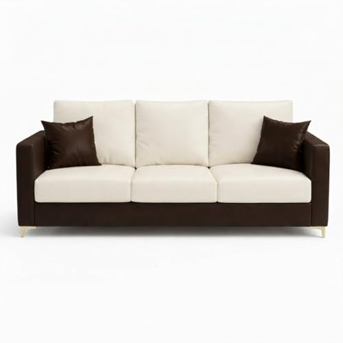 Image of Hayes Dual Tone Premium Leatherette 3 Seater Sofa | Golden Aesthetic Legs | Spacious Soft Touch Comfort Seating | Modern Sofa for Living Room (Brown & Cream)