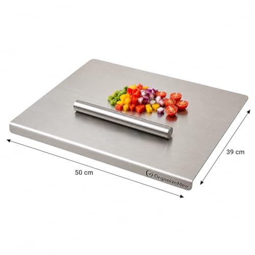Image of OrganizeMee Stainless Steel 304 Fruit Chopping Cutting Board for Kitchen, Kitchen Metal Chopping Board for Vegetables Breads and Meats, Heavy Duty Safe (Platform Large 50X39CM)