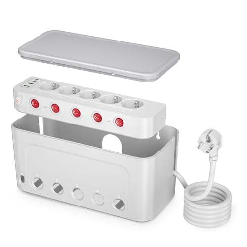 Kabelbox mit Steckdosenleiste Einzeln Schaltbar, 5-Fach Mehrfachsteckdose mit Schalter und 5 Steckdose, 4 USB,Wandmontage Gro&szlig; Organizer Box mit Steckerleiste 1,5M Kabel,29 * 14 * 14CM,Wei&szlig;