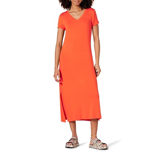 Amazon Essentials Women's Jersey V-Neck Short Sleeve Midi Length Dress, Coral Orange, Large