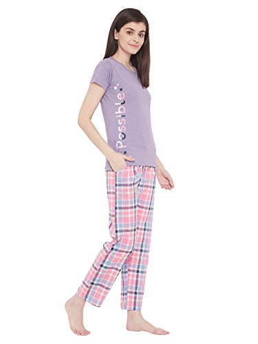 Image of Clovia Women's Cotton Checks Printed Pyjama and Basic Top Set