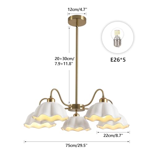 Image of 5-Light Gold Sputnik Chandelier Semi Flush Mount Chandelier Mid Century Modern Sputnik Chandelier with White Ceramic Shade Living Room Finish Brass Chandelier