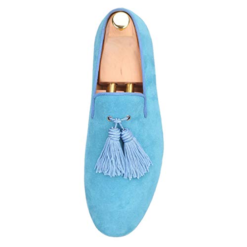 FERUCCI Men Light Blue Suede Slippers Loafers Flat with Big Blue Tassel3