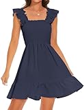 ROYLAMP Women's Summer Casual Sleeveless Dresses Square Neck Ruffle Backless Boho Mini Dress Swing Flowy Elegant Sundress Navy Blue XS