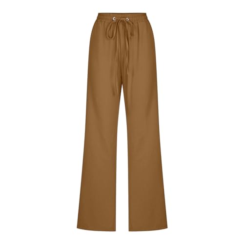 Image of Linen Pants Women High Waisted Drawstring Casual Pant Cotton Linen Straight Leg Lounge Trousers with Side Pockets