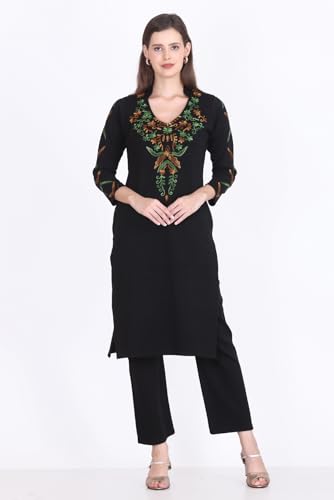 Image of Rosary Women's Woolen Winter Embroidered Kurta with Palazzo Pant | Warm Ethnic Suit Set - 2 Piece Outfit