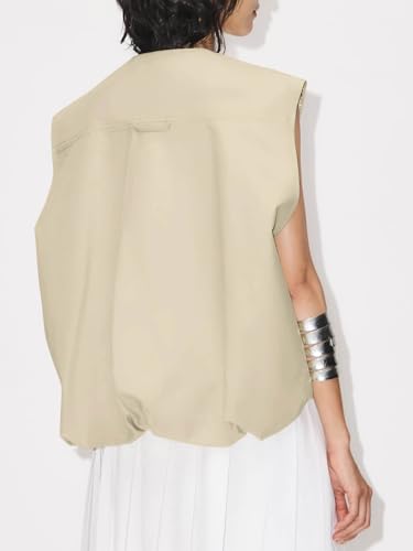 Tankaneo Womens Casual Zip Up Vest Cargo Oversized Ruched Hem Sleeveless Blazer Jackets Tops2