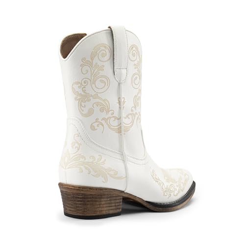 DREAM PAIRS Women's Cowboy Cowgirl Western Ankle Boots Low Chunky Heels Square Toe Fall Short Booties Shoes,Size 6,White,SDAB2407W