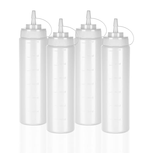 WELKOR 24 OZ Kitchen Foodservice Condiment Squeeze Bottles for Sauces with Twist Top Cap Leak Proof Mustard Syrup Sauces Dressing Oil Ketchup BPA FREE Plastic (white 4)