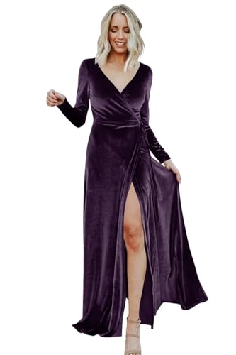UZN Womens V Neck Velvet Bridesmaid Dresses Long Sleeve Wrap Pleat Self Tie Formal Evening Dress...
