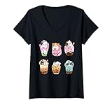 Photo Gallery donna kawaii cat boba tea bubble tea kawaii anime giapponese neko maglietta con collo a v Photo Gallery donna kawaii cat boba tea bubble tea kawaii anime giapponese neko maglietta con collo a v