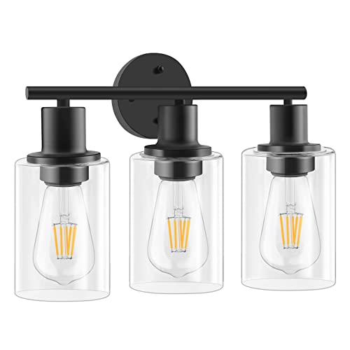 Bathroom Light Fixtures - 3-Light Modern bathroom vanity light, E26 bathroom lights over mirror with Clear Glass Shade, Matte black vanity lights for bathroom,Mirror,Living Room,Bedroom,Hallway Bathroom Light Fixtures - 3-Light Modern bathroom vanity light, E26 bathroom lights over mirror with Clear Glass Shade, Matte black vanity lights for bathroom,Mirror,Living Room,Bedroom,Hallway
