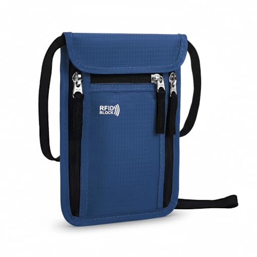 SZMK Portadocumenti da Collo Viaggio,Porta Passaporto da Collo Impermeabile, Borsa Sul Petto con Protezione RFID,Borsa Porta Telefono Tracolla Porta Soldi per Smartphone, Denaro, Carte - Blu scuro